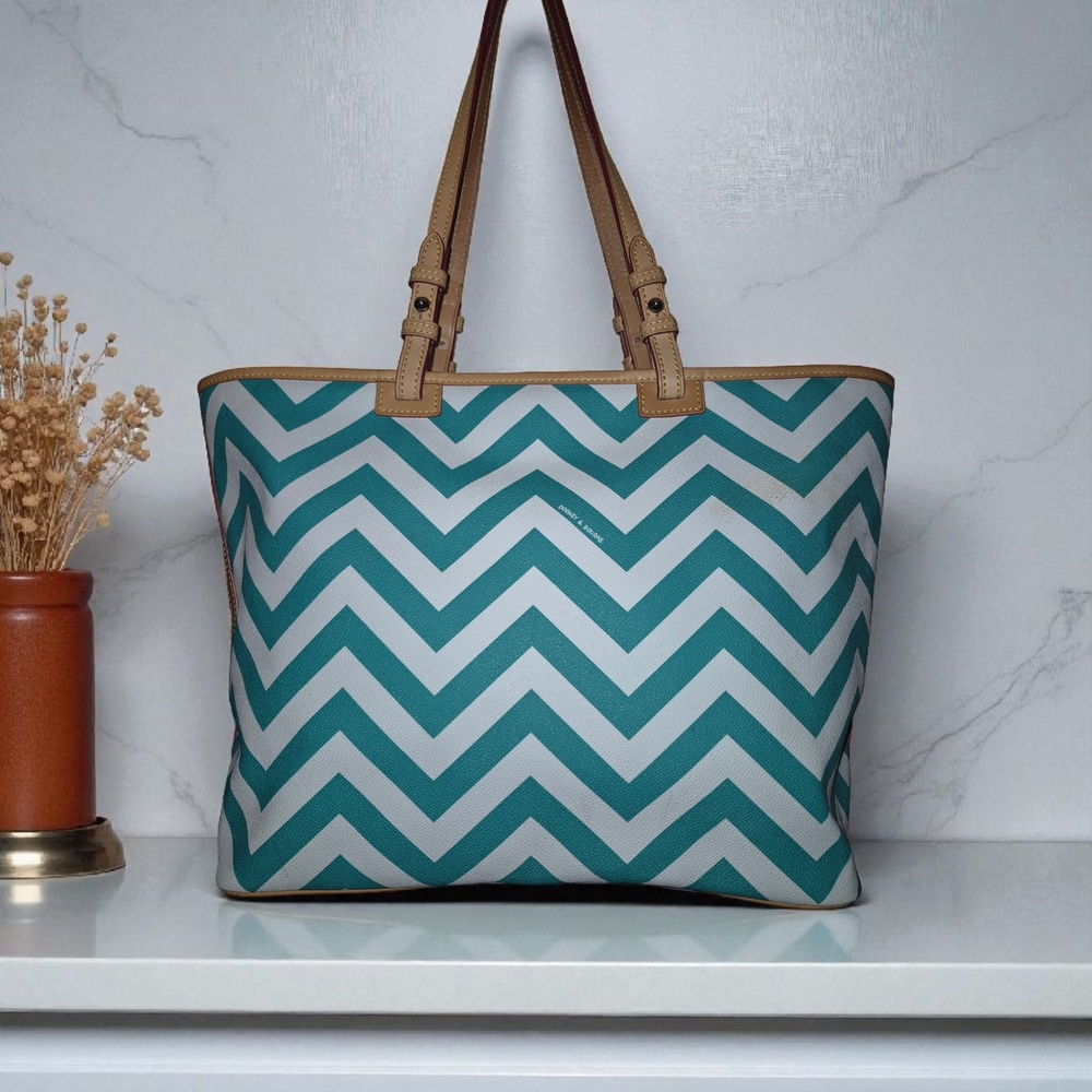 Dooney & Bourke Chevron Tote - Teal and Tan - Picture 2 of 16